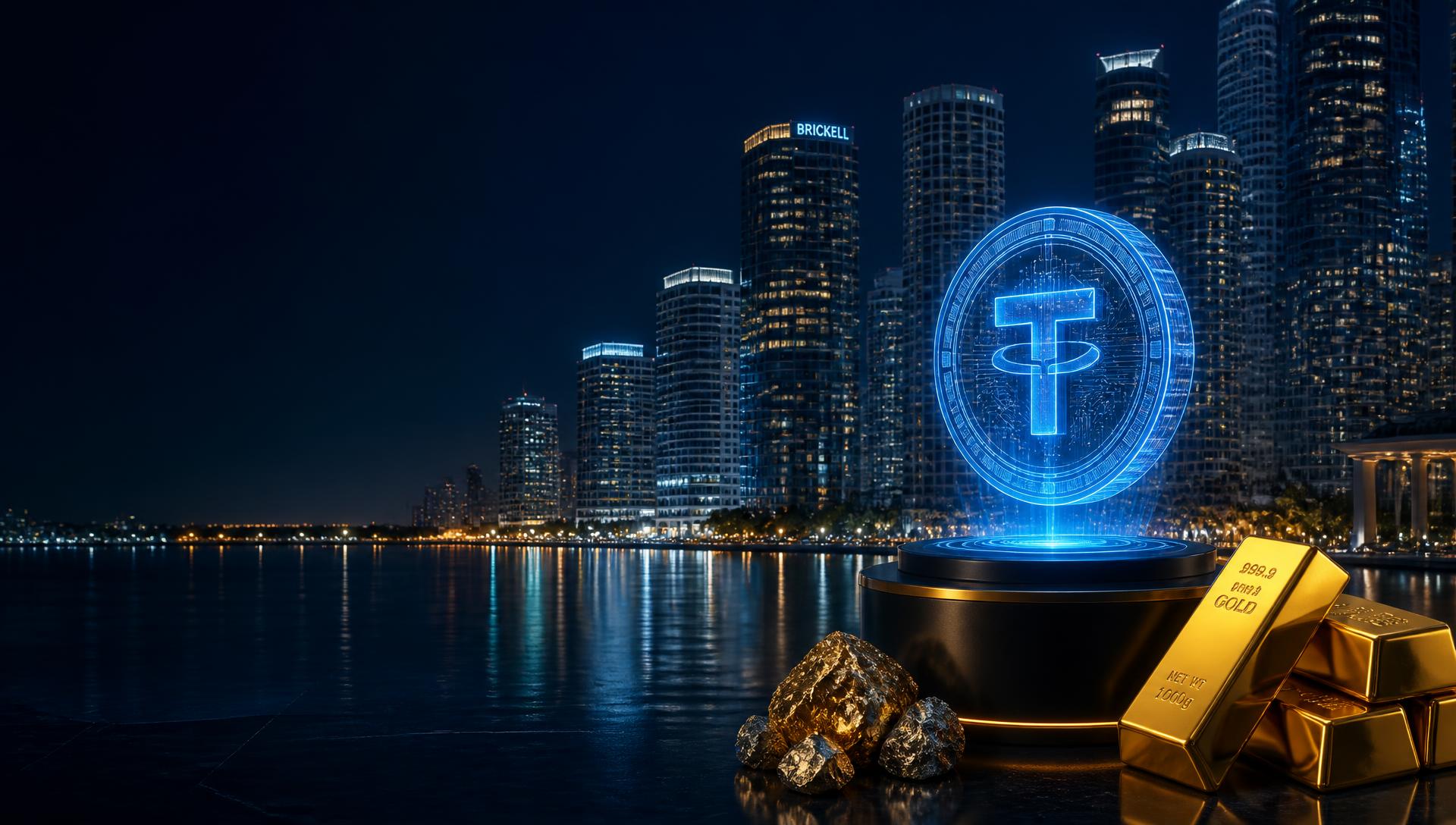Brickell skyline at night with a holographic tokenized asset and gold bars